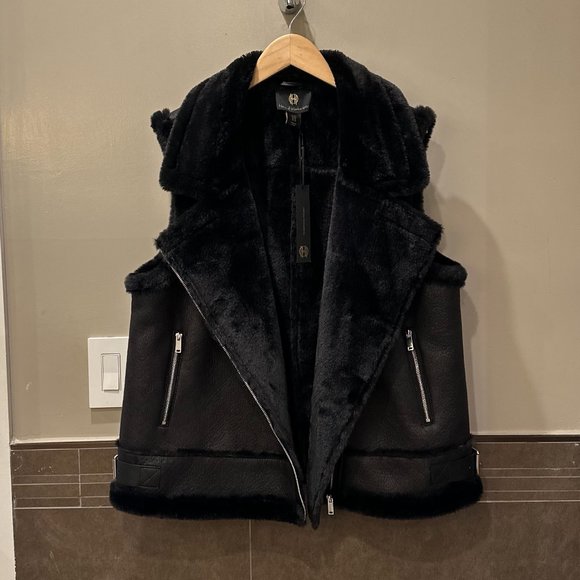 House Of Harlow 1960 Moto Faux Fur + Faux Leather Vest (Black) - Picture 7 of 16
